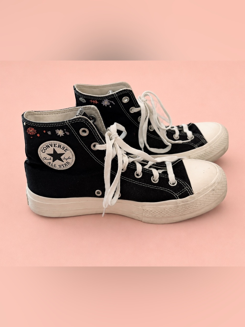 Converse Black High-Top Sneakers with Embroidered Floral Tongue-size 10
